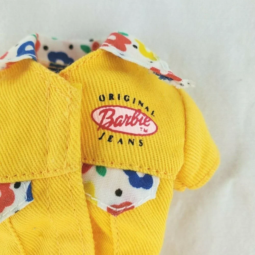 Vintage Barbie Yellow Denim Dress With Flower Trim Genuine Barbie Jeans EUC